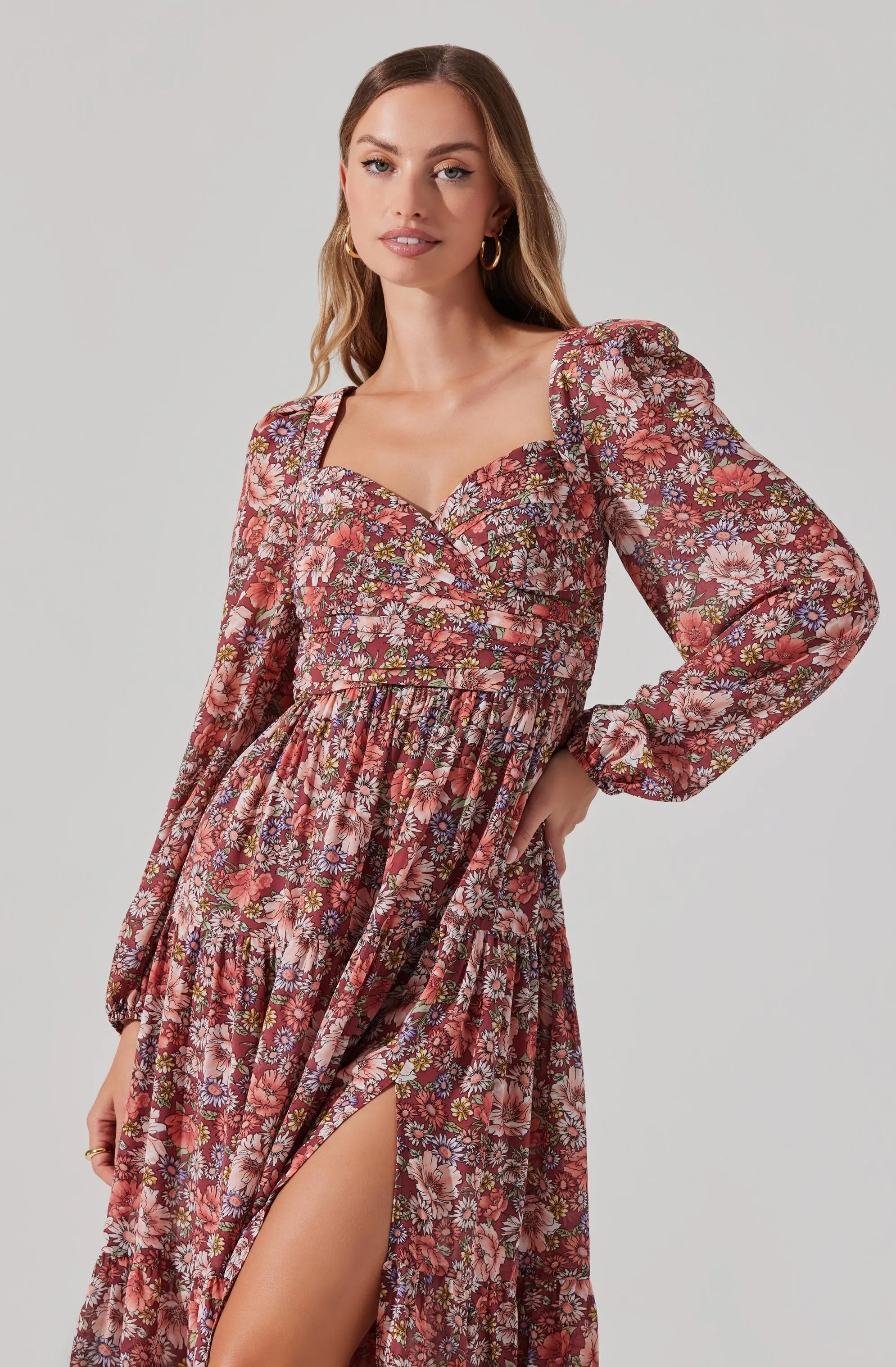 Floral Pleated Surplice Puff Sleeve Midi Dress