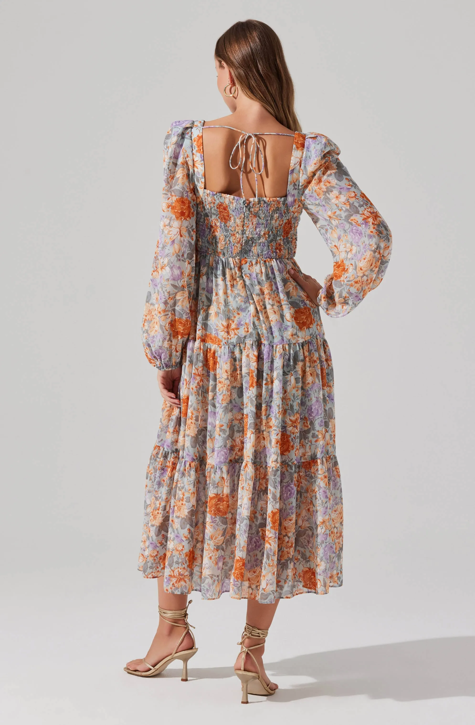 Floral Pleated Surplice Puff Sleeve Midi Dress