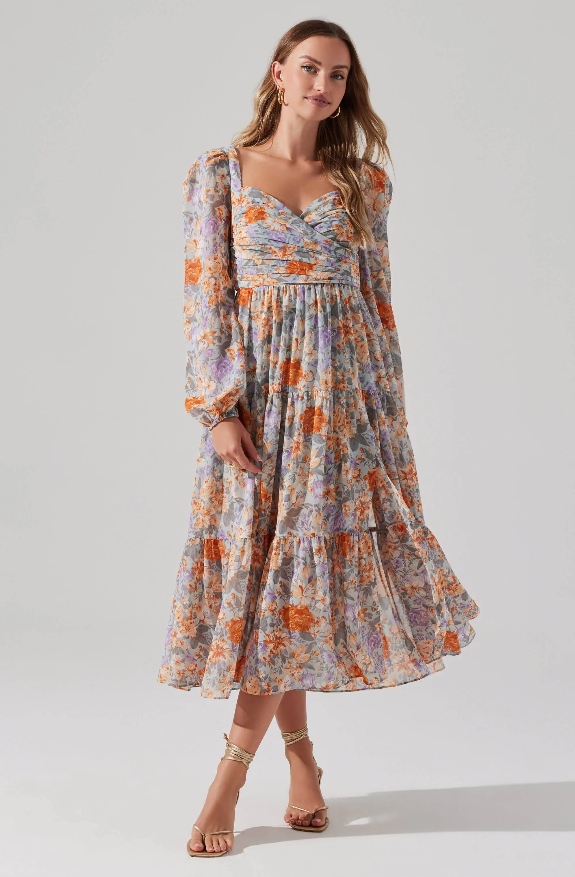 Floral Pleated Surplice Puff Sleeve Midi Dress