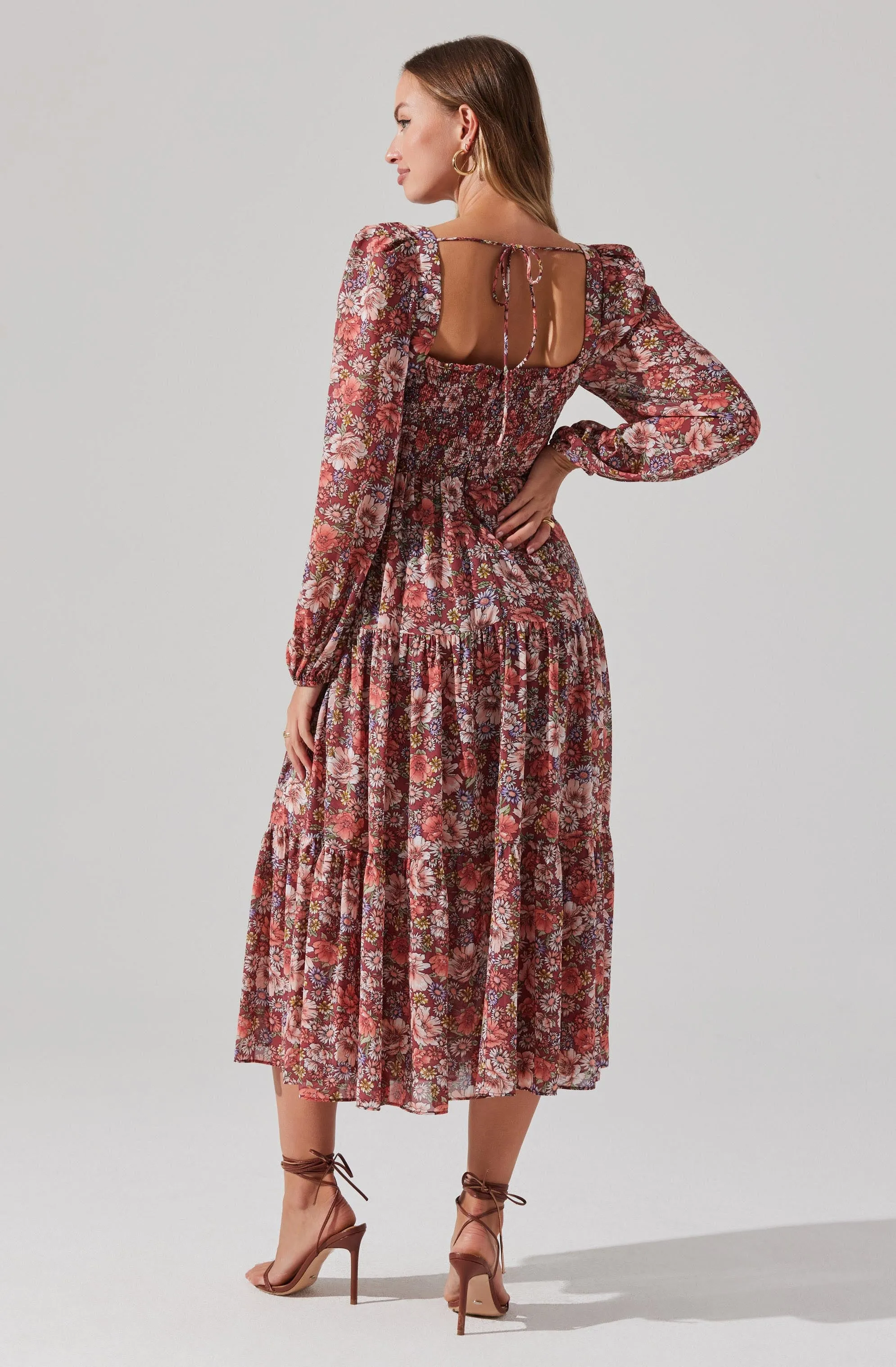Floral Pleated Surplice Puff Sleeve Midi Dress