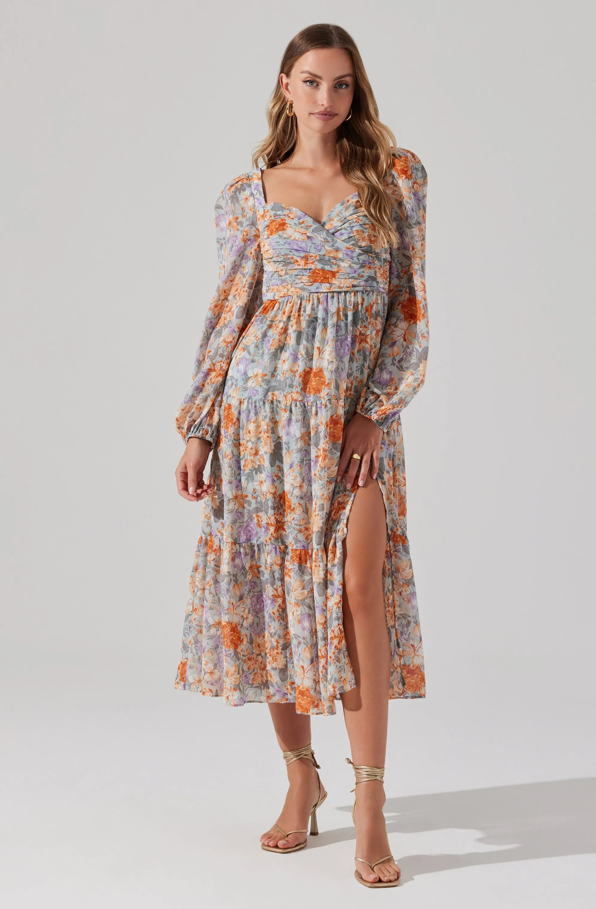 Floral Pleated Surplice Puff Sleeve Midi Dress