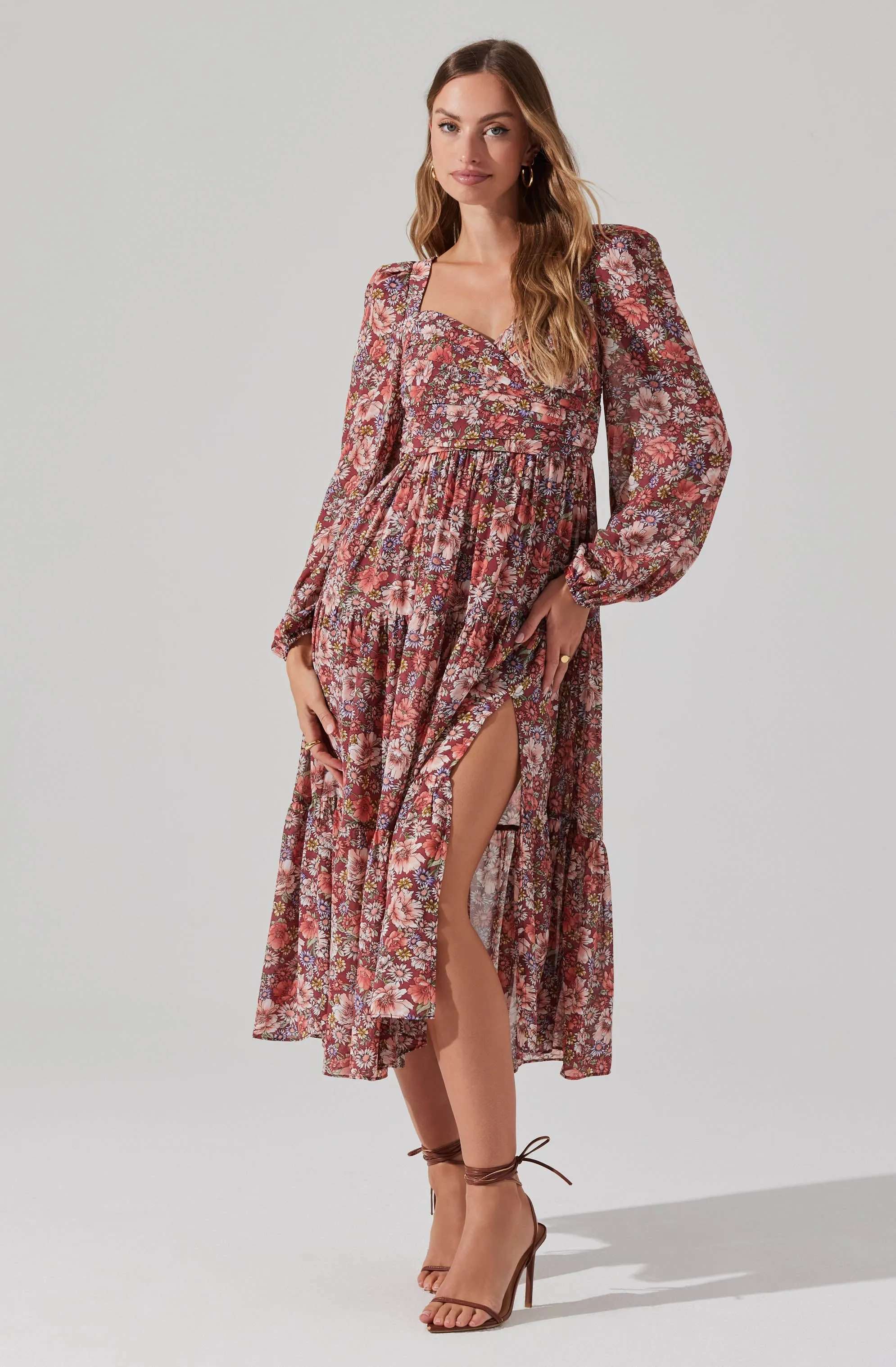 Floral Pleated Surplice Puff Sleeve Midi Dress