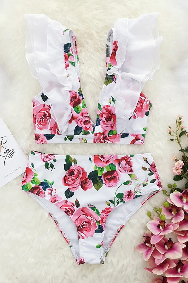 Flower Print Deep V Neck Ruffles Romantic High Waist Bikini