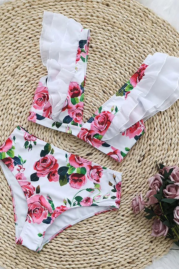 Flower Print Deep V Neck Ruffles Romantic High Waist Bikini