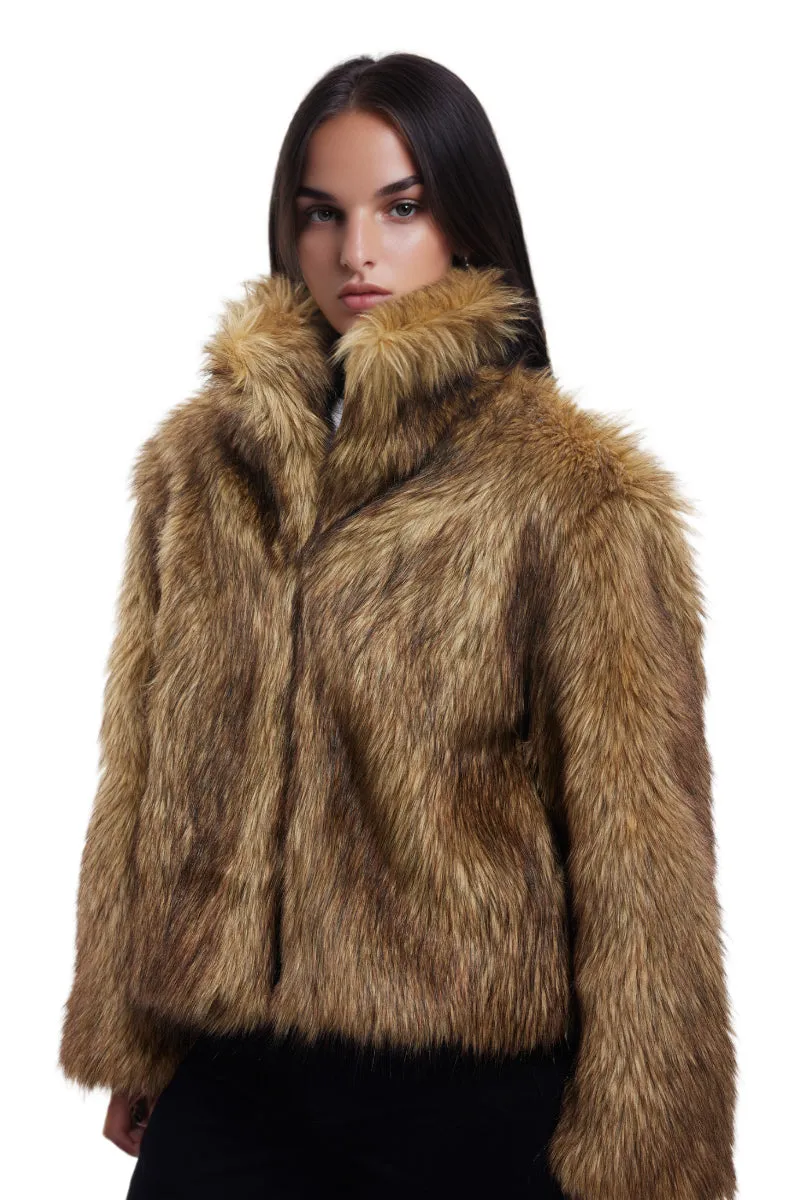 Fluffy Cropped Faux Mink Fur Open-Front Jacket