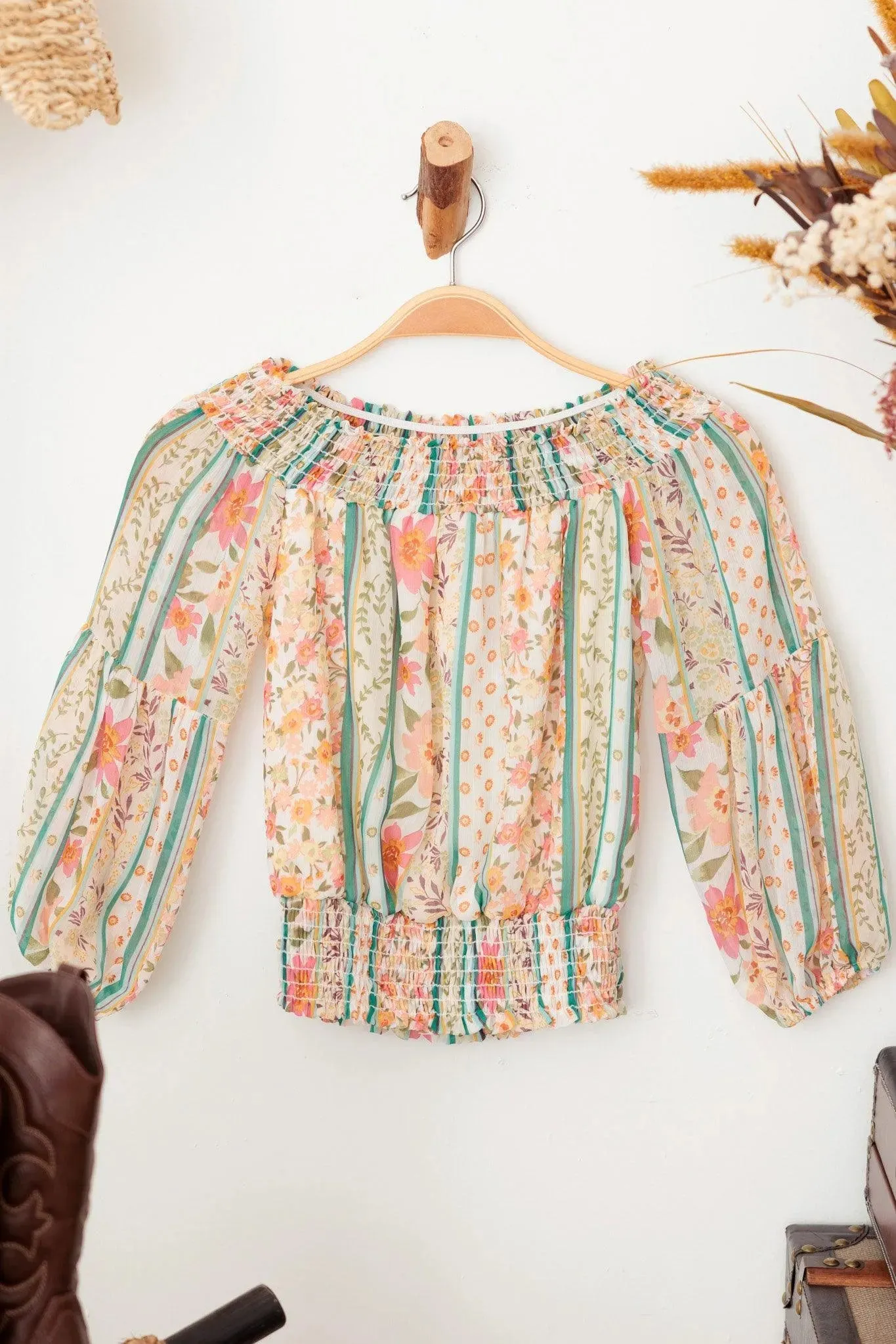 Girls Western Floral Sheer Puff Sleeve Ruched Hem Top