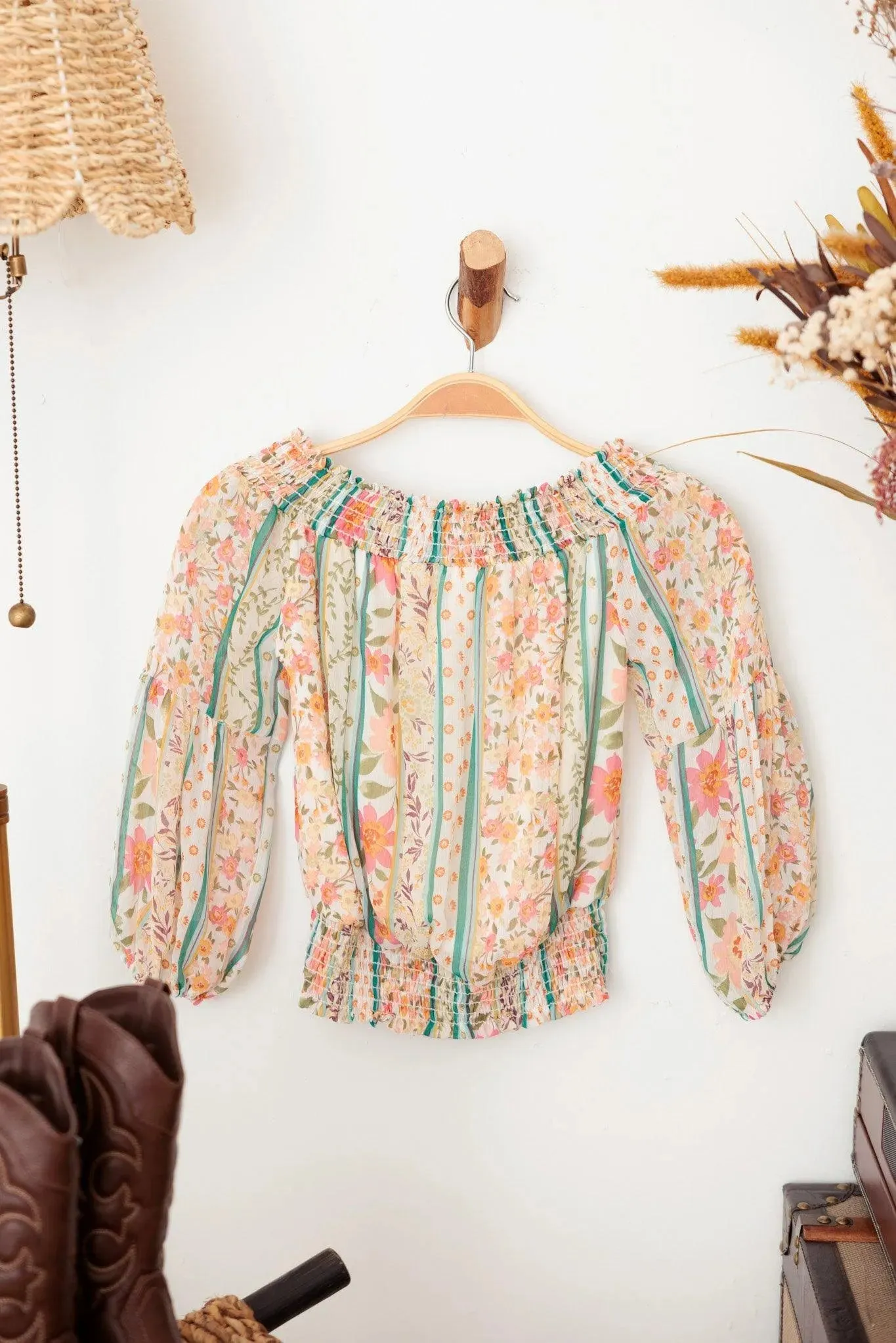 Girls Western Floral Sheer Puff Sleeve Ruched Hem Top