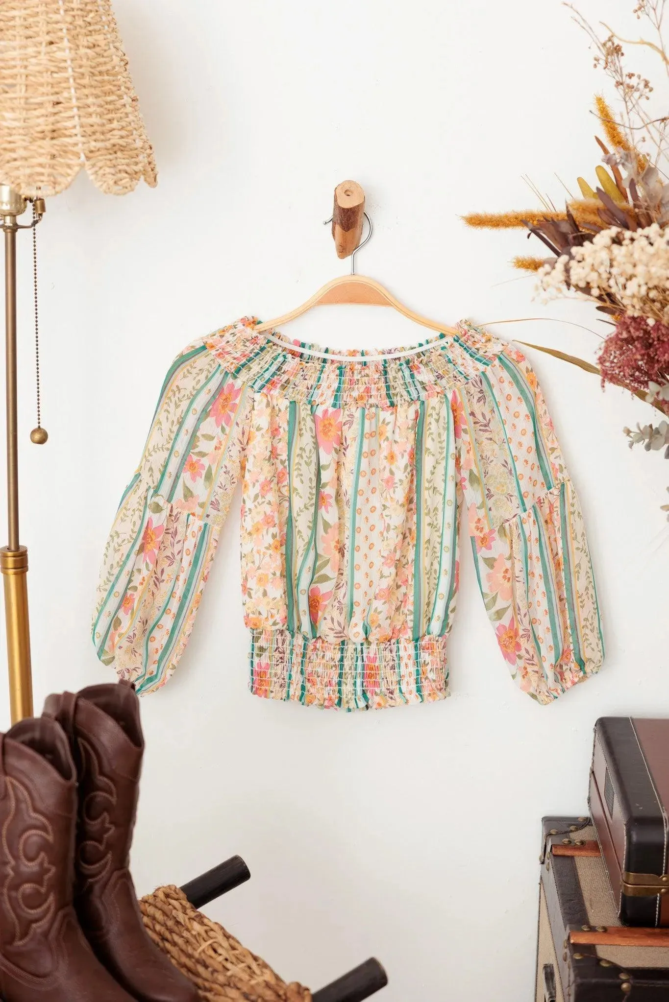 Girls Western Floral Sheer Puff Sleeve Ruched Hem Top