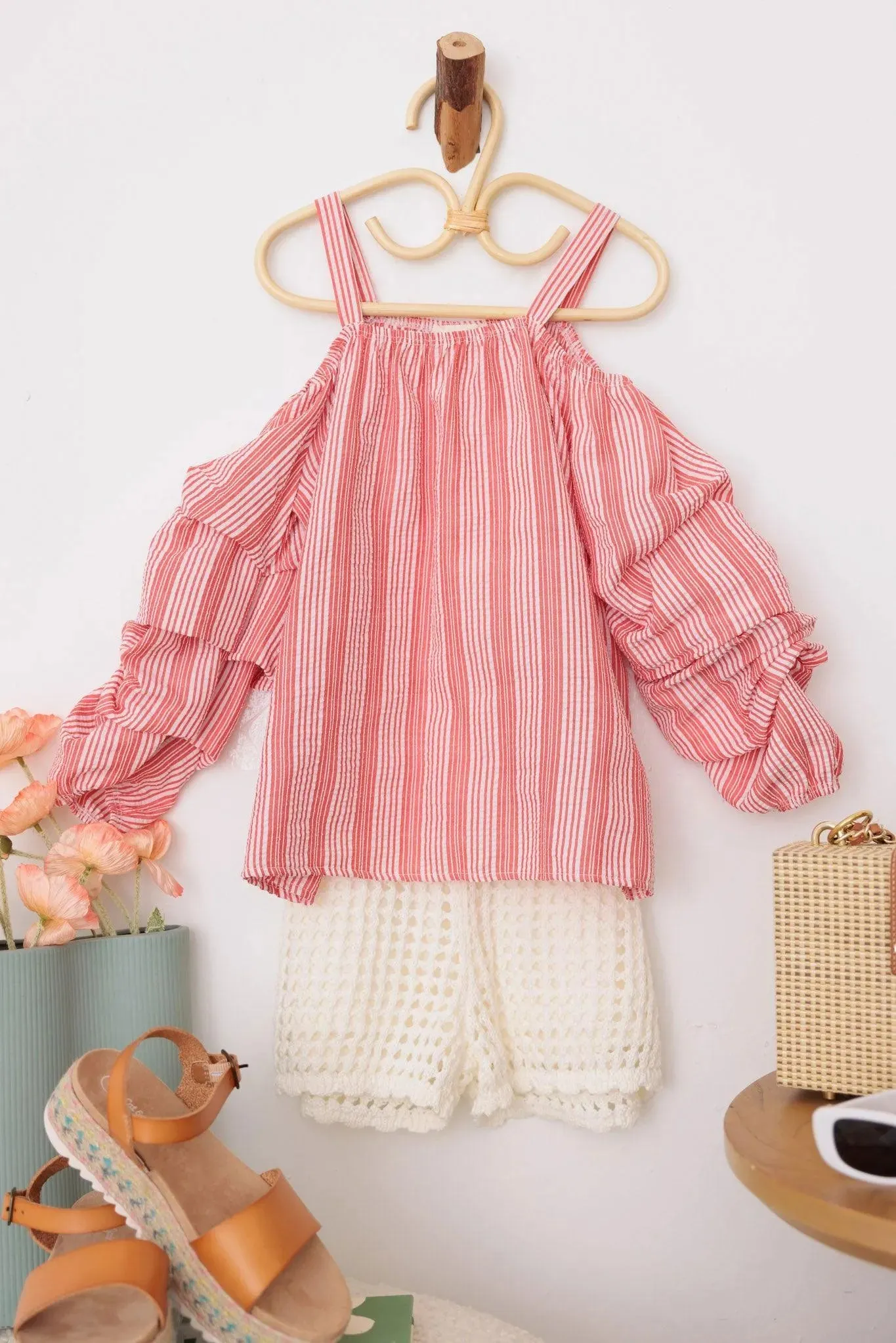 Girls Western Textured Striped Puff Ruffle Cold Shoulder Top