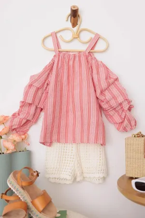 Girls Western Textured Striped Puff Ruffle Cold Shoulder Top