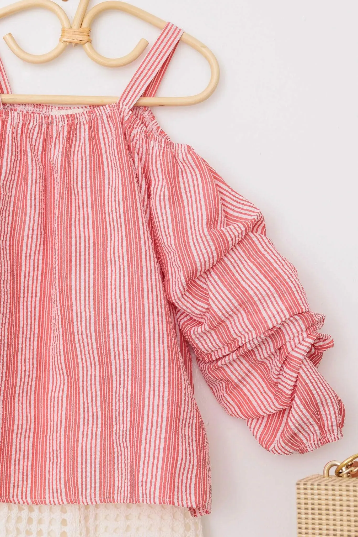 Girls Western Textured Striped Puff Ruffle Cold Shoulder Top