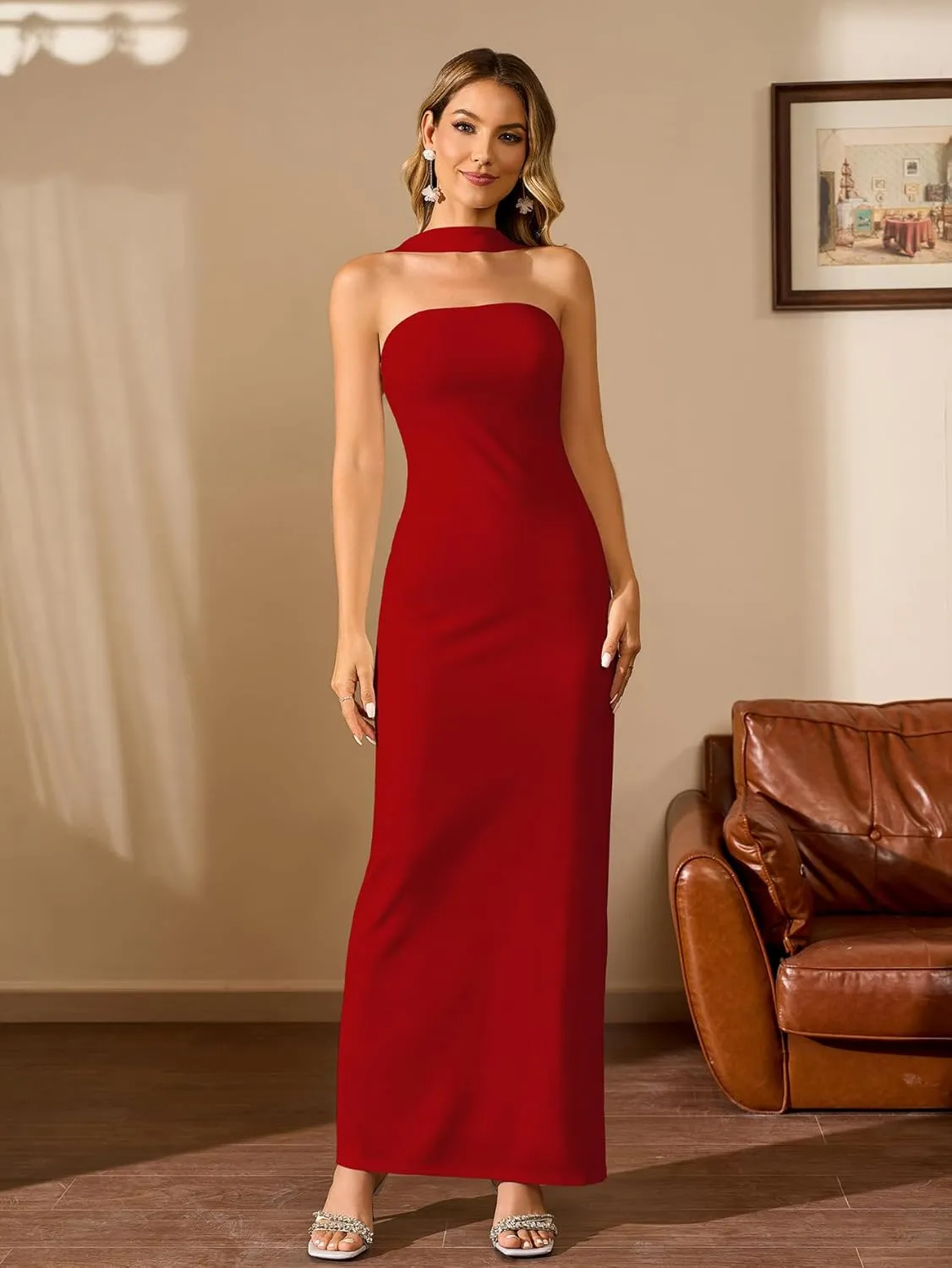HTZMO Women Elegant Summer Bodycon Maxi Dress Halter Neck Formal Wedding Guest Cocktail Party Long Dresses