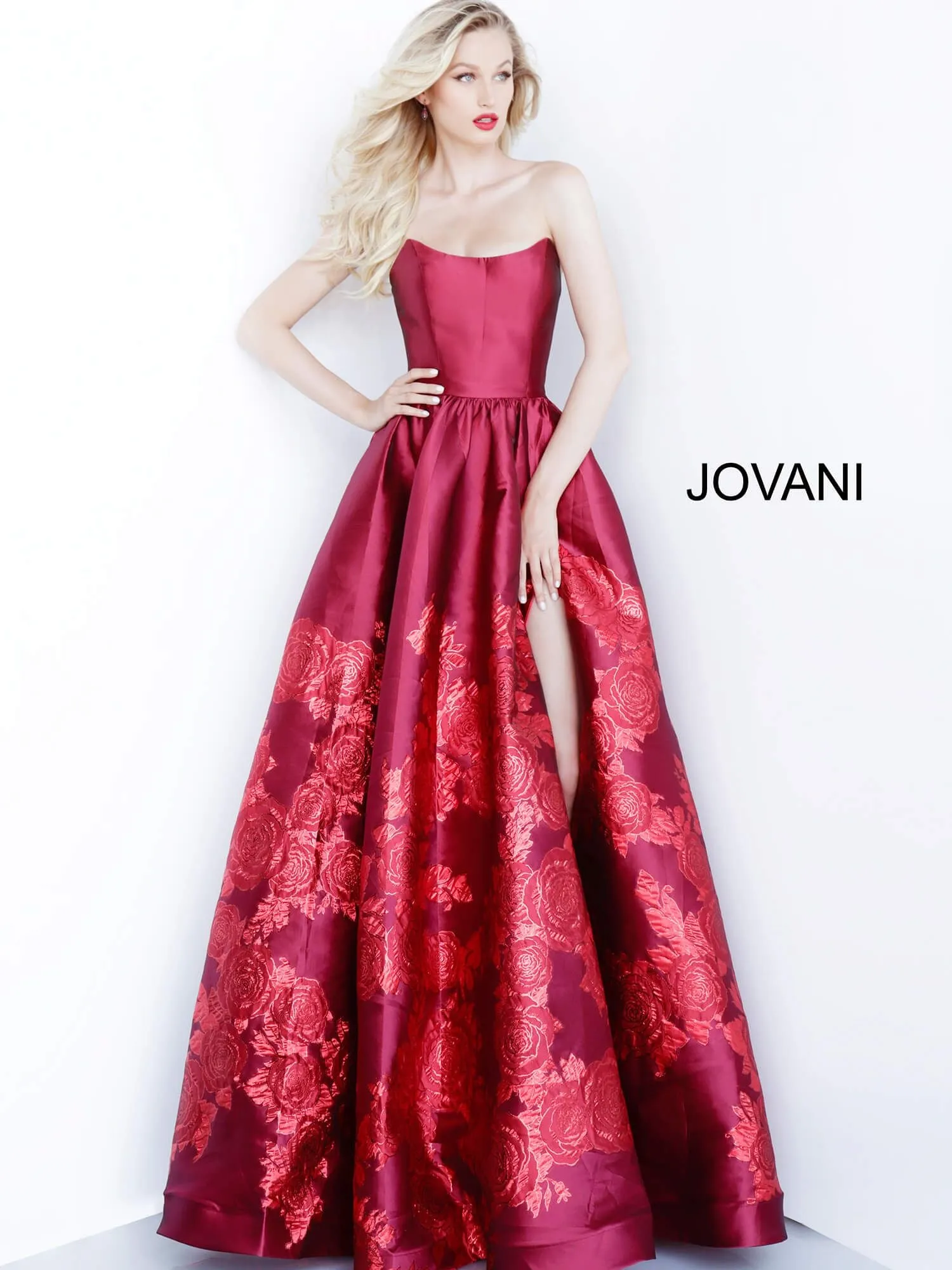 Jovani 02038 Floral Ballgown Long Print Prom Dress Slit Strapless Designer V Points Neckline