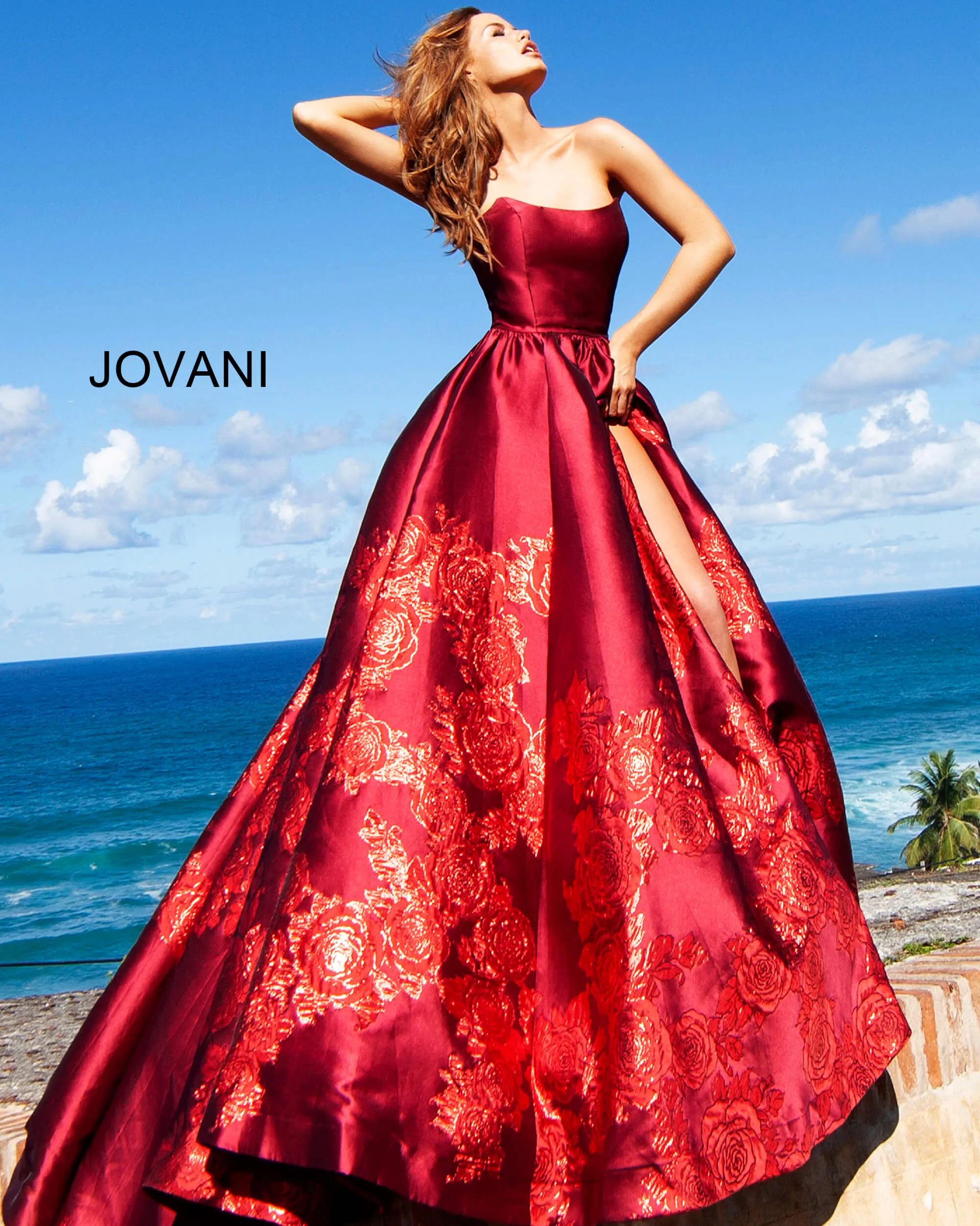 Jovani 02038 Floral Ballgown Long Print Prom Dress Slit Strapless Designer V Points Neckline