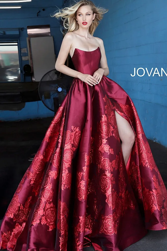 Jovani 02038 Floral Ballgown Long Print Prom Dress Slit Strapless Designer V Points Neckline