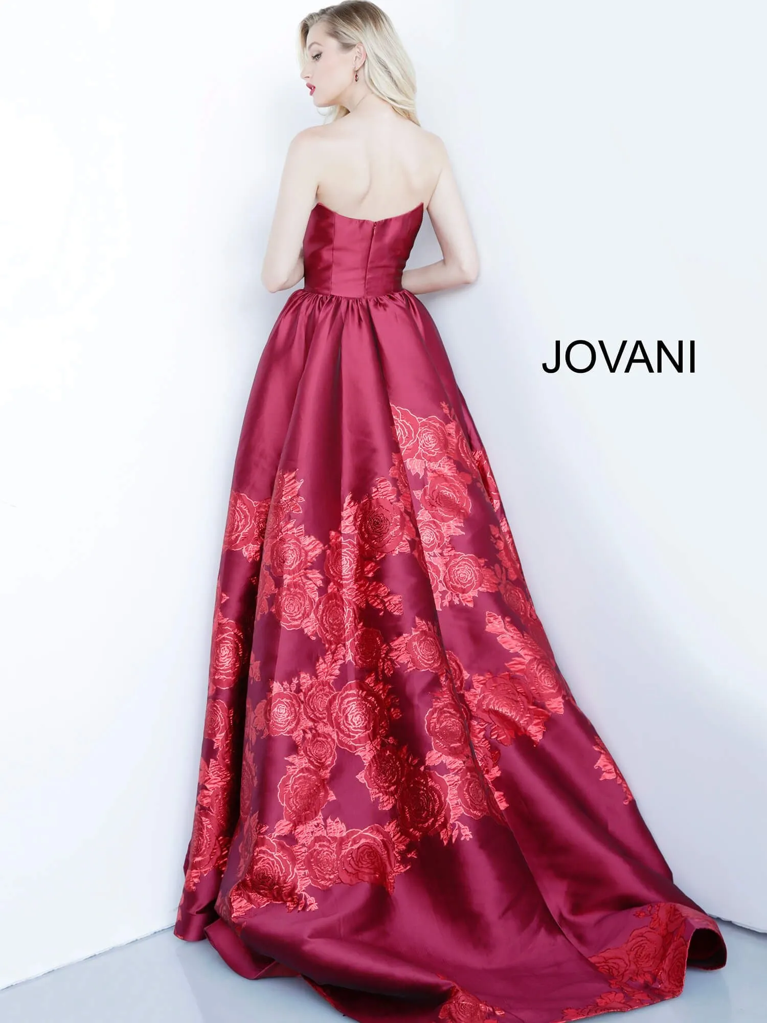 Jovani 02038 Floral Ballgown Long Print Prom Dress Slit Strapless Designer V Points Neckline