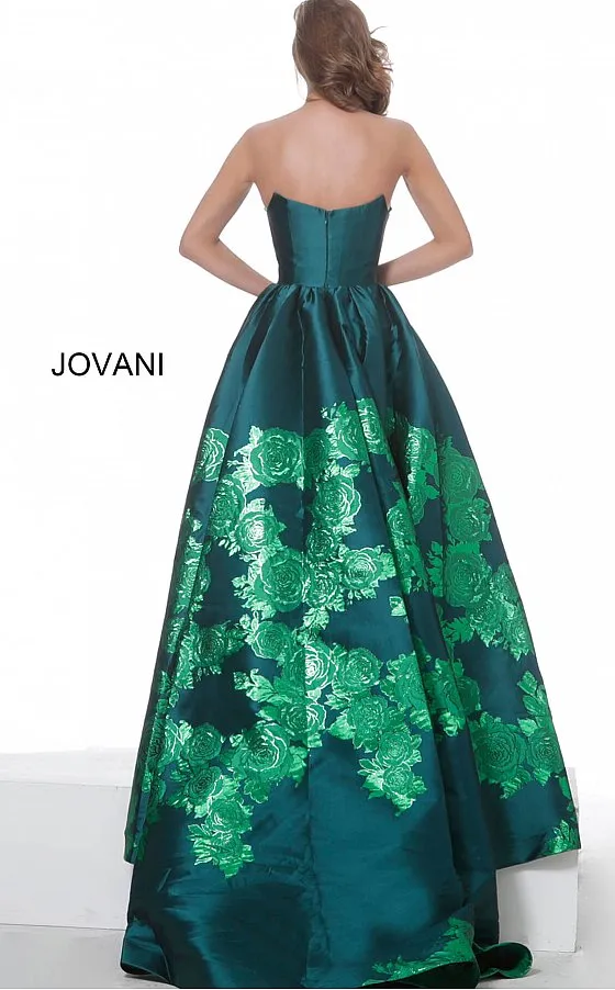 Jovani 02038 Floral Ballgown Long Print Prom Dress Slit Strapless Designer V Points Neckline