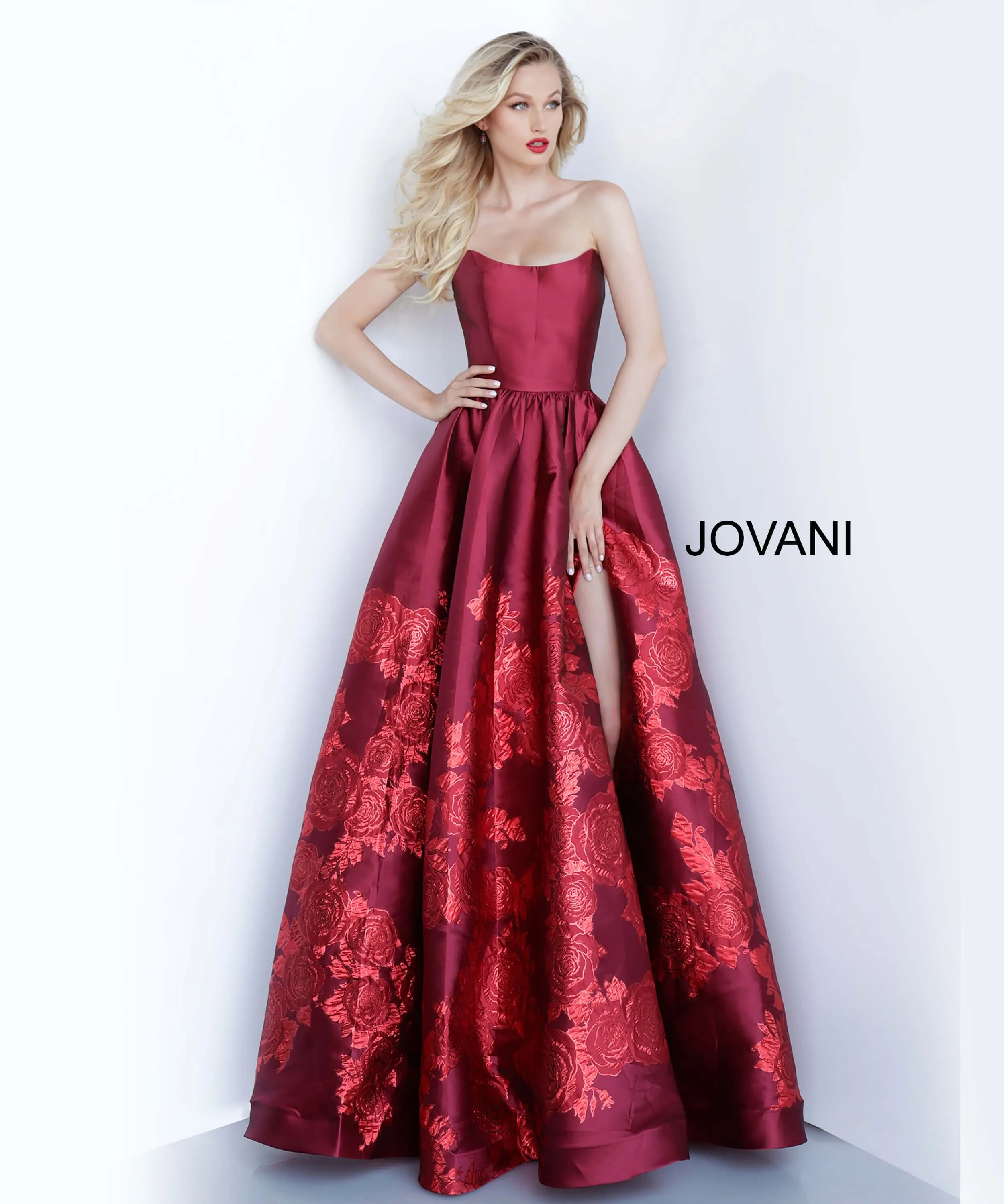 Jovani 02038 Floral Ballgown Long Print Prom Dress Slit Strapless Designer V Points Neckline