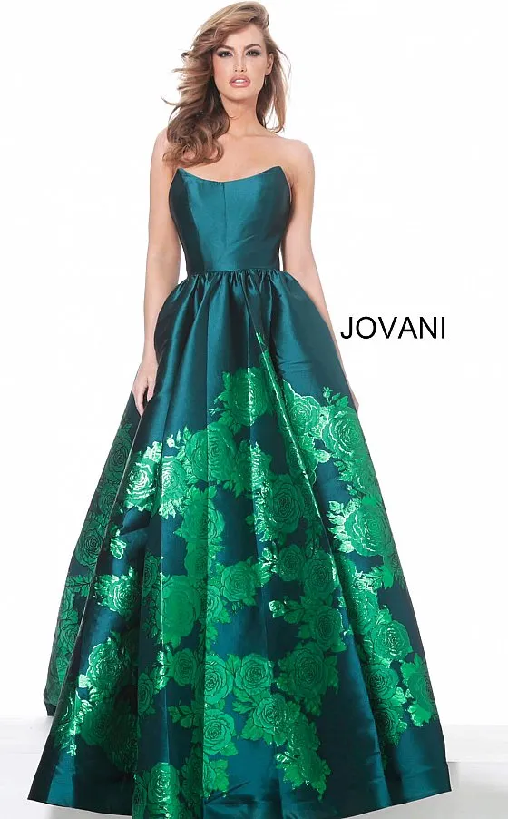 Jovani 02038 Floral Ballgown Long Print Prom Dress Slit Strapless Designer V Points Neckline