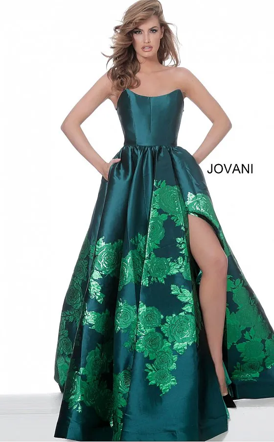 Jovani 02038 Floral Ballgown Long Print Prom Dress Slit Strapless Designer V Points Neckline