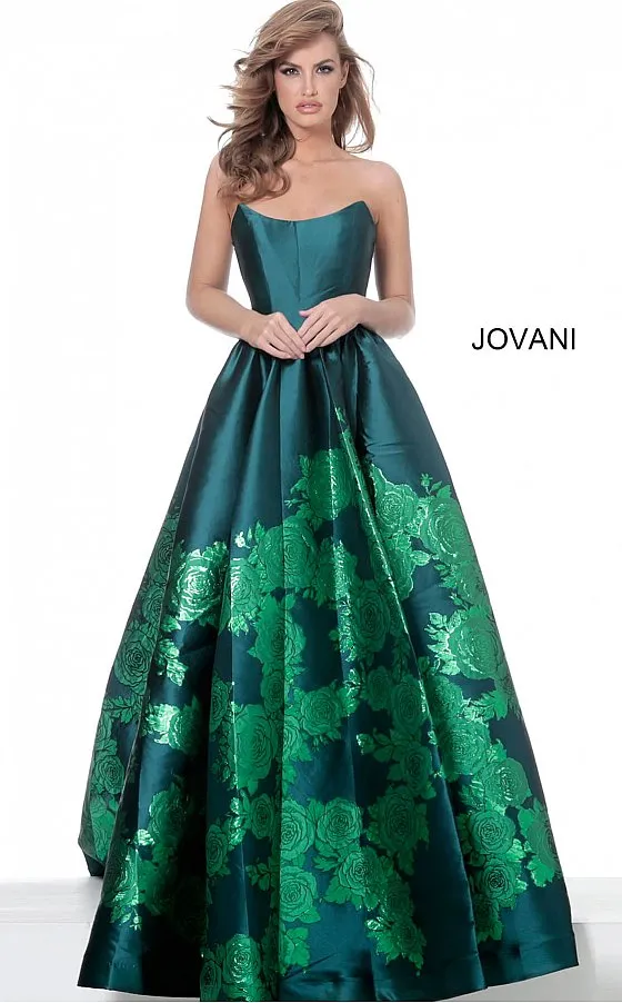 Jovani 02038 Floral Ballgown Long Print Prom Dress Slit Strapless Designer V Points Neckline