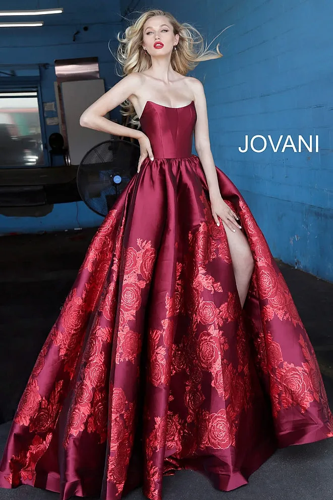 Jovani 02038 Floral Ballgown Long Print Prom Dress Slit Strapless Designer V Points Neckline