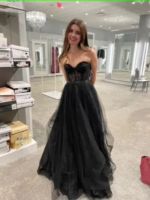 kamahe Strapless A Line Tulle Prom Dress Black Lace Evening Gown