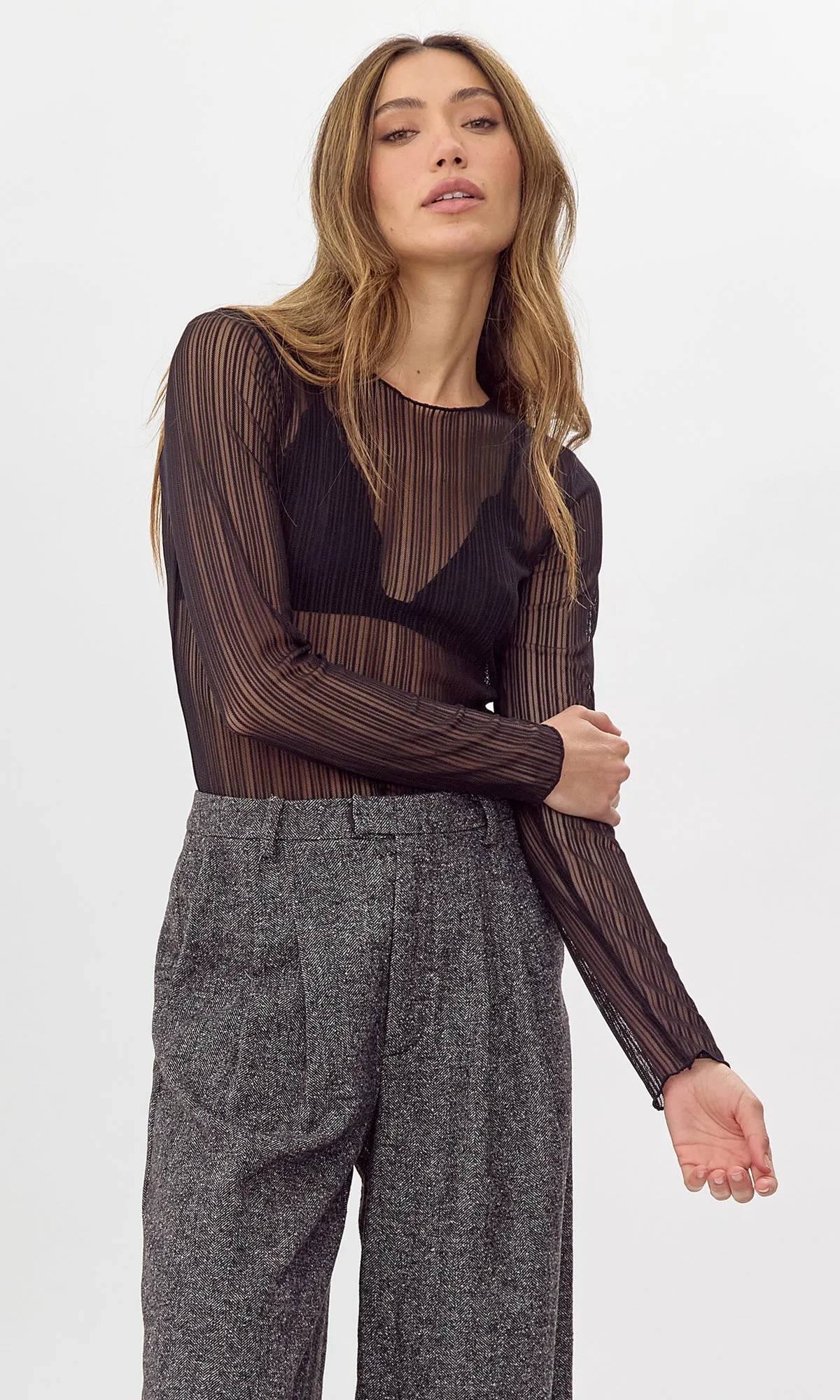 Kareli Rib Sheer Mesh Long Sleeve Top