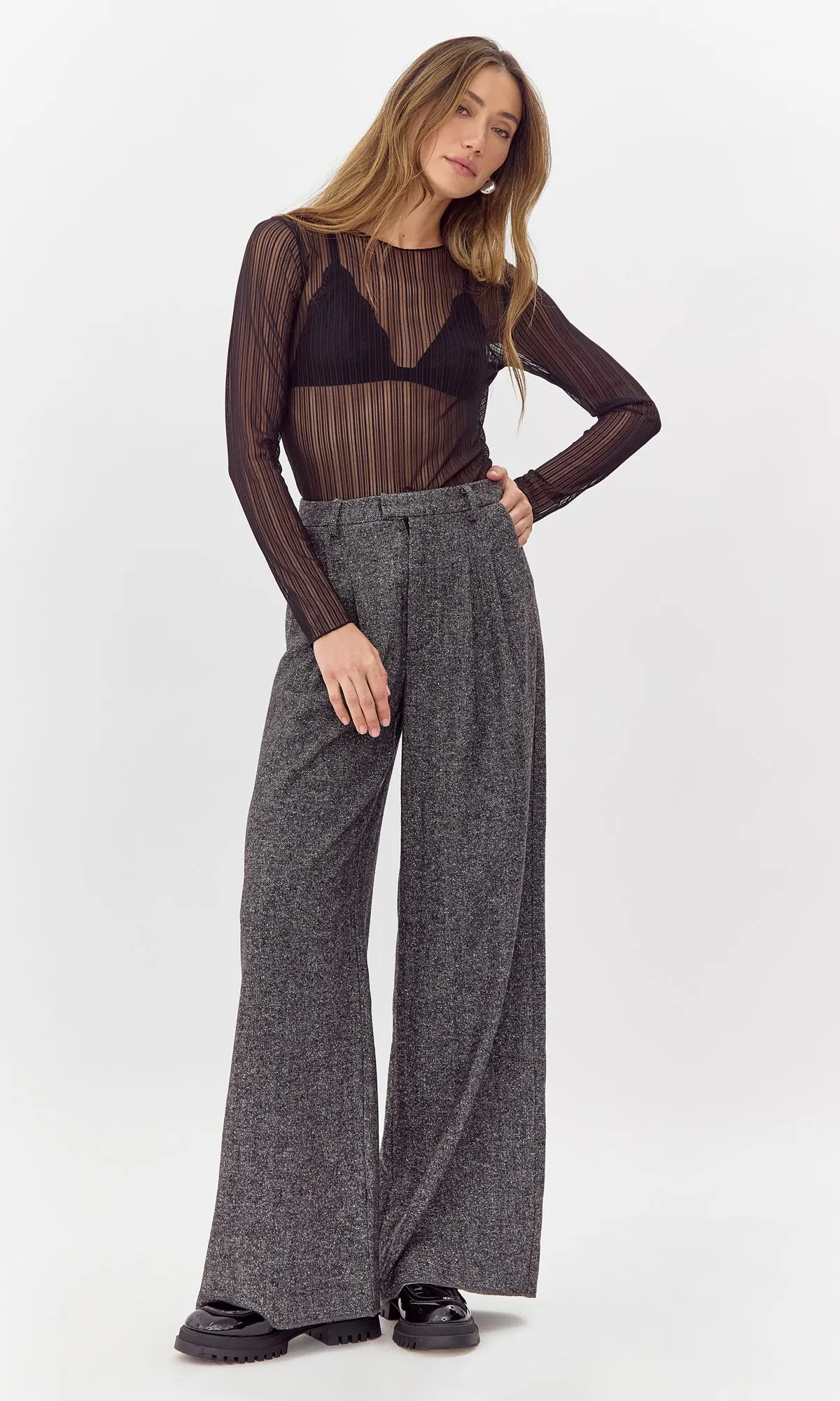 Kareli Rib Sheer Mesh Long Sleeve Top