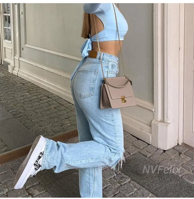 Loose Fit Jeans Ripped Wide Leg High Waist Blue Wash Casual Cotton Denim Trousers  Baggy Jean Pants