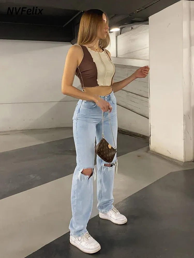 Loose Fit Jeans Ripped Wide Leg High Waist Blue Wash Casual Cotton Denim Trousers  Baggy Jean Pants