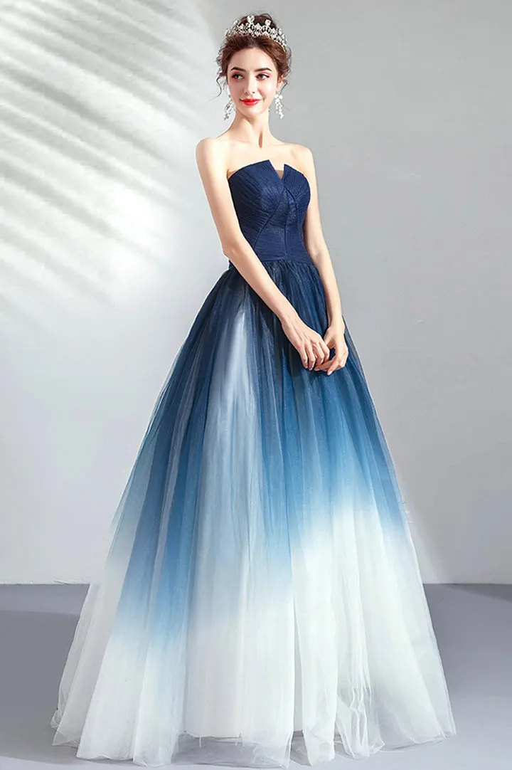 Luolandi Blue Gradient Tulle Long Party Dresses A-Line Elegant Lace-Up Prom Dresses Off Shoulder