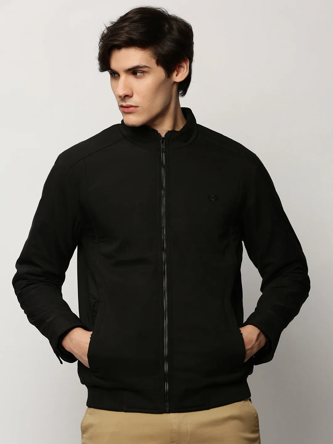 Men Black Mock Collar Taslon Bomber Jacket