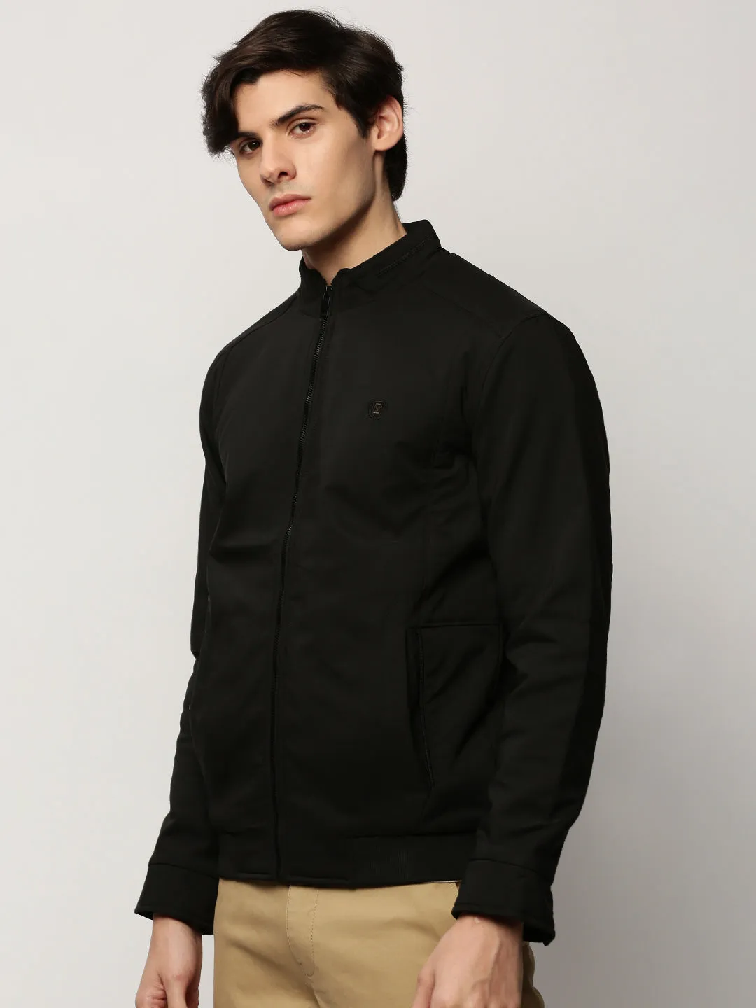 Men Black Mock Collar Taslon Bomber Jacket