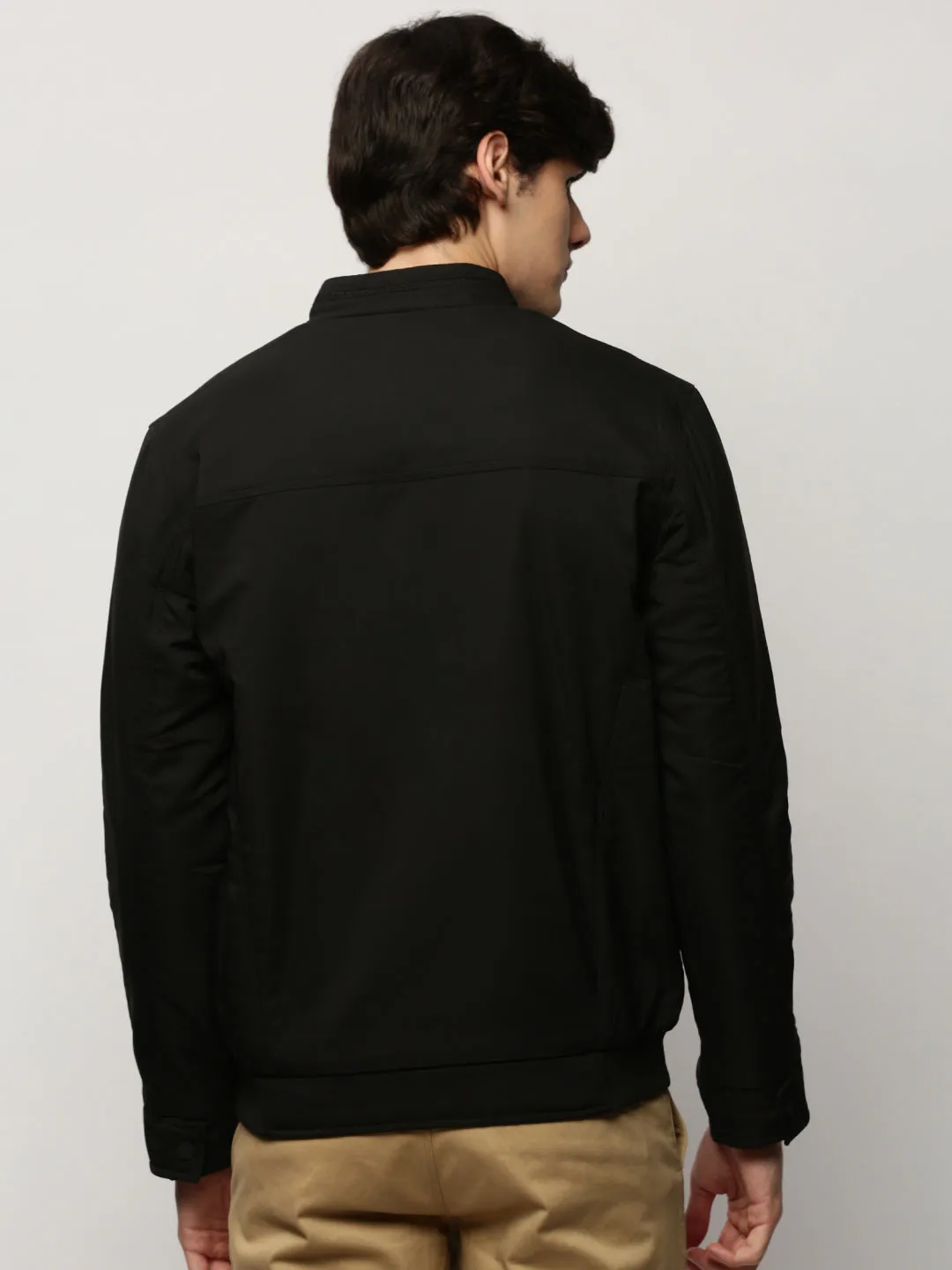 Men Black Mock Collar Taslon Bomber Jacket