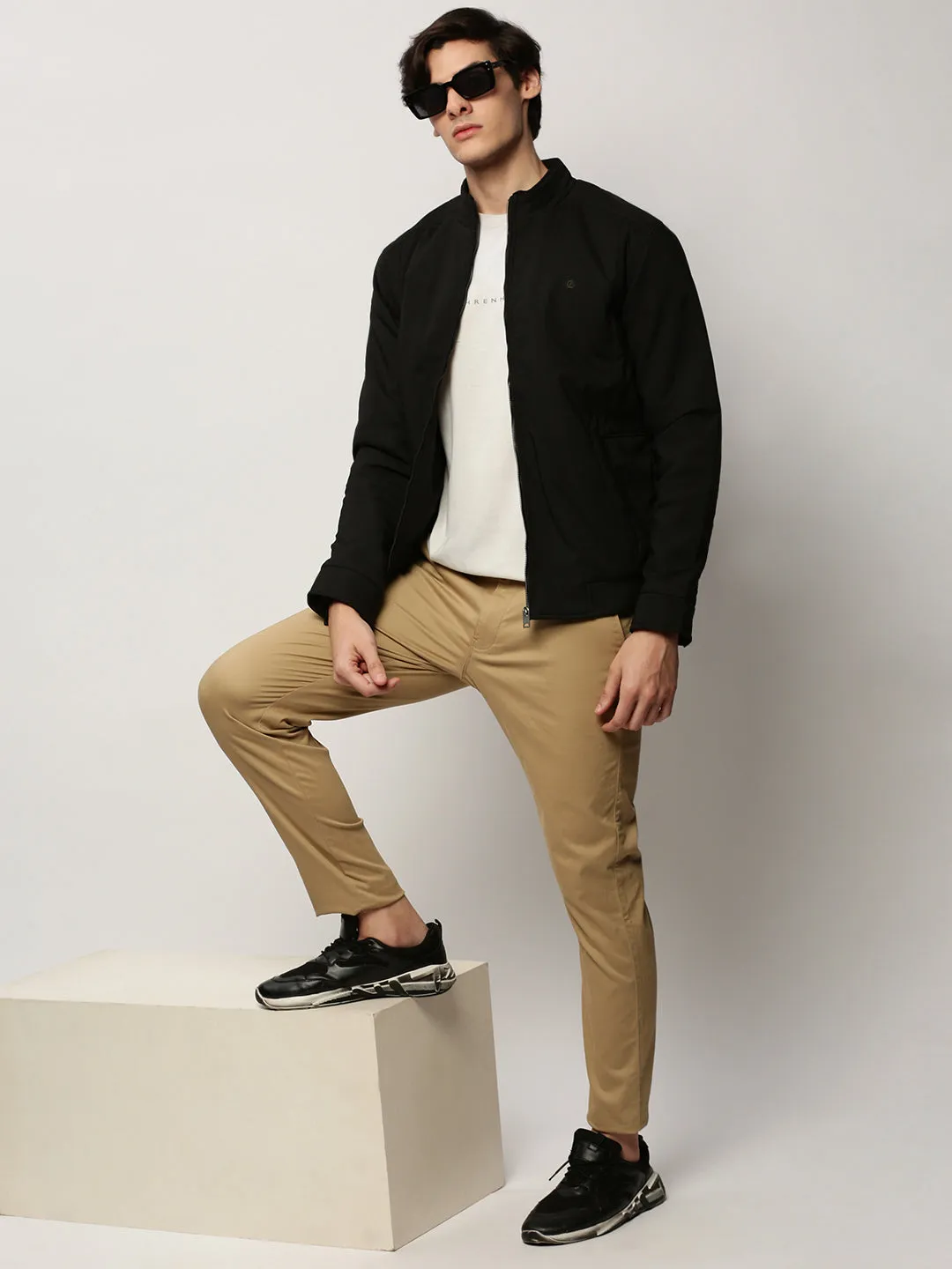 Men Black Mock Collar Taslon Bomber Jacket