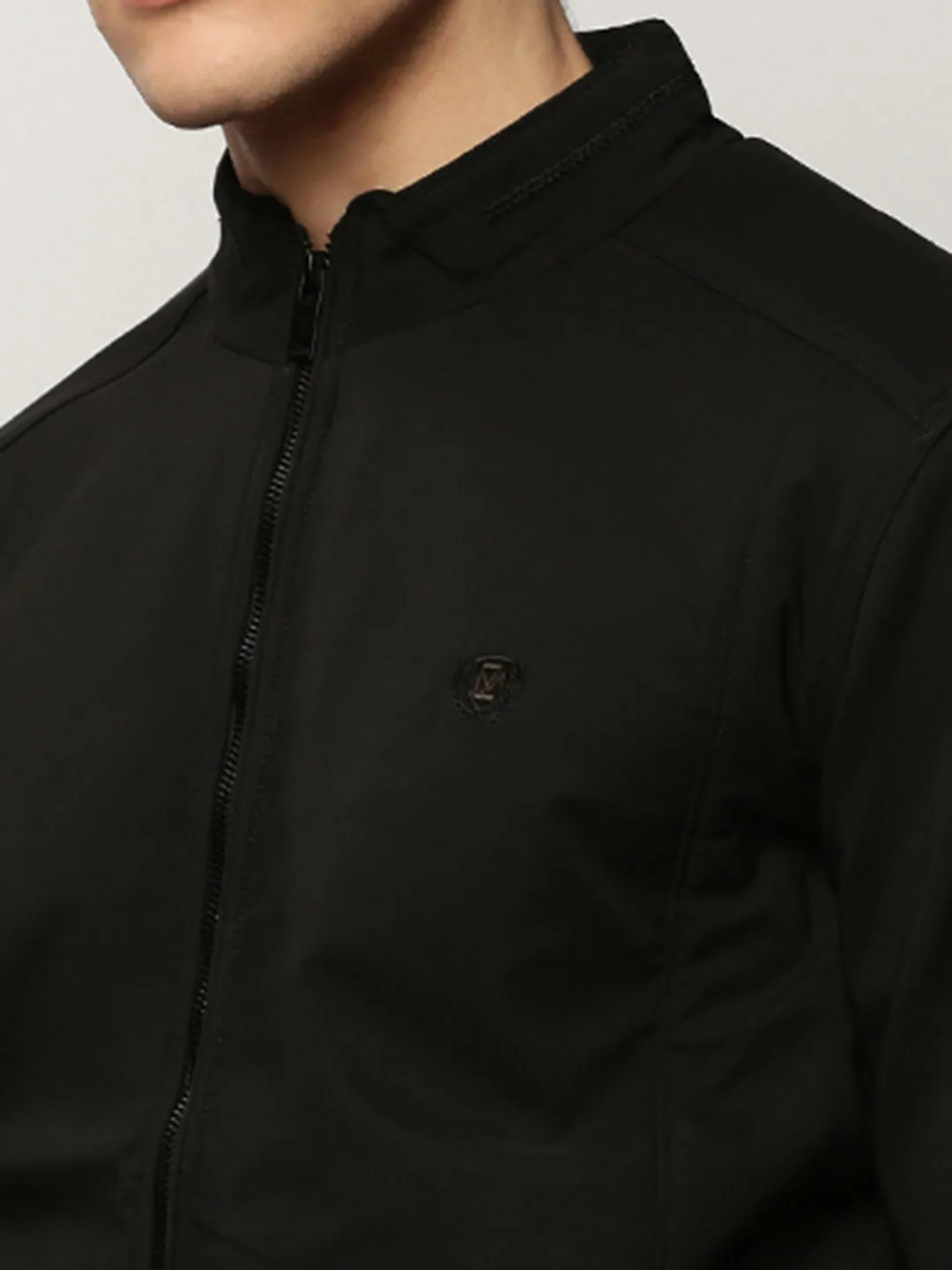 Men Black Mock Collar Taslon Bomber Jacket