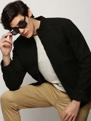 Men Black Mock Collar Taslon Bomber Jacket