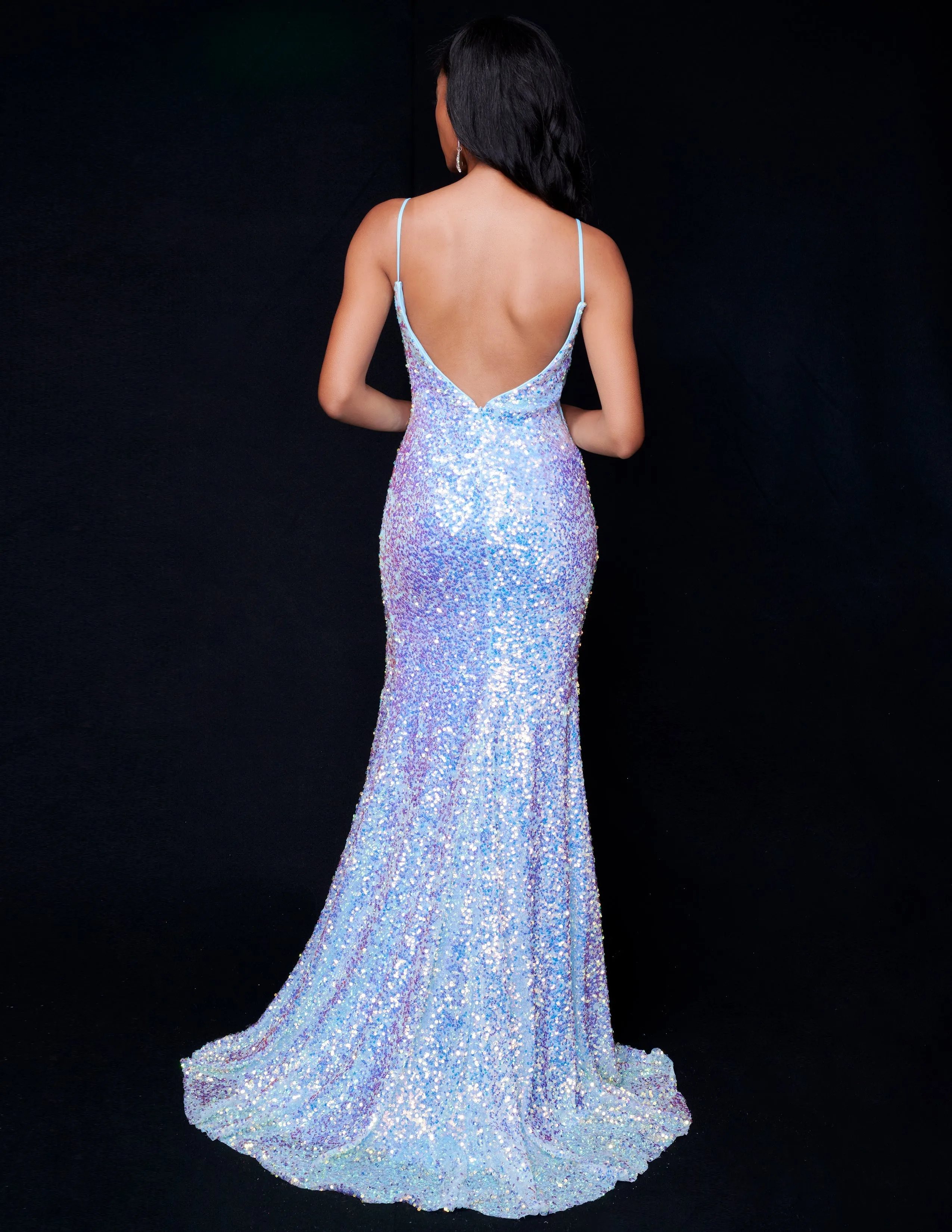 Nina Canacci 4410 Size 12 Baby Blue Fitted Sequin Long Prom Dress Slit Low back Formal Gown V Neck