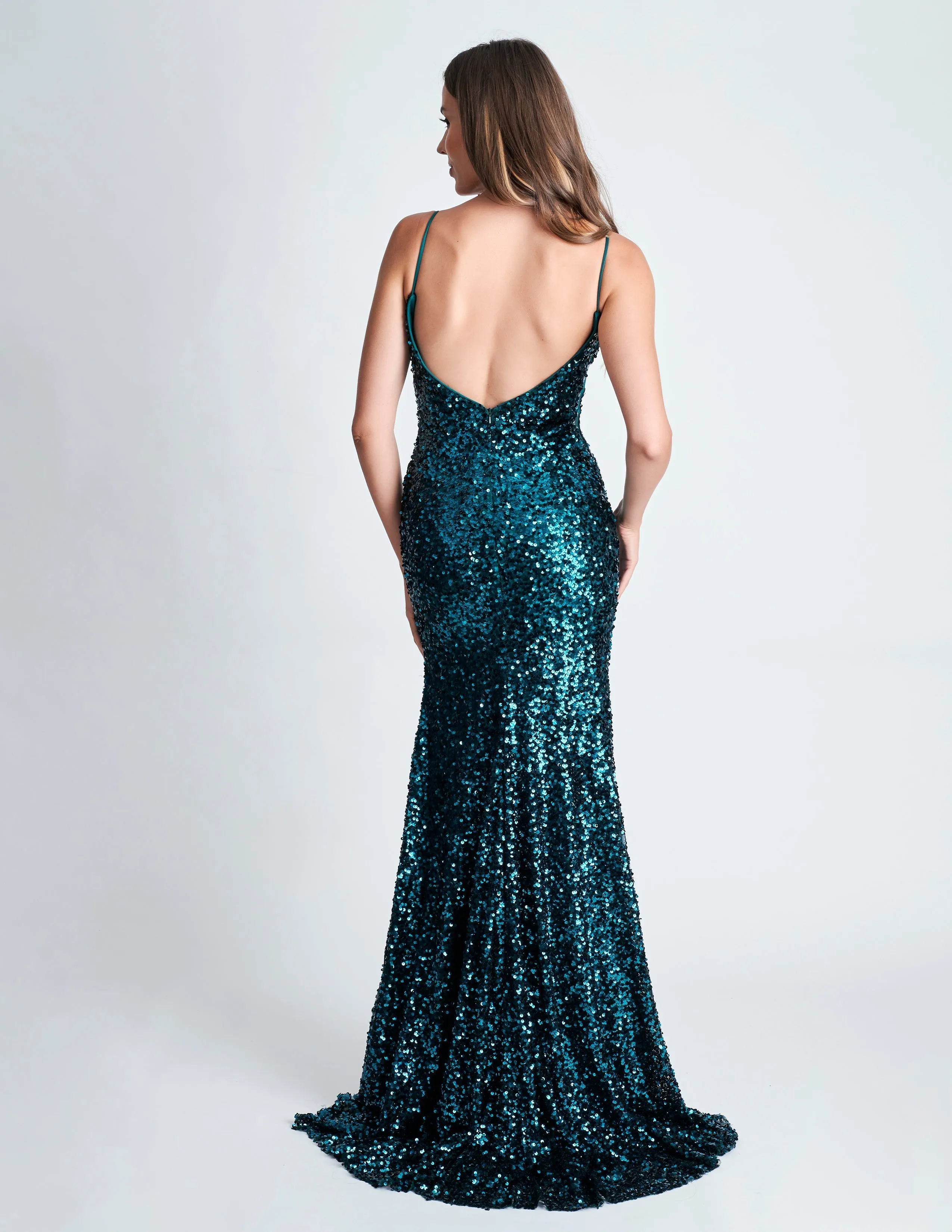 Nina Canacci 4410 Size 12 Baby Blue Fitted Sequin Long Prom Dress Slit Low back Formal Gown V Neck