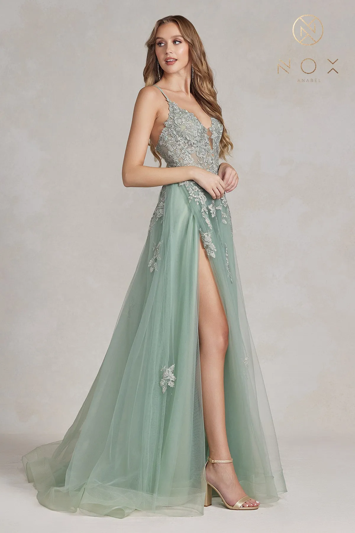 Nox Anabel G1149 A Line Sheer Lace Maxi Slit Prom Dress Backless Corset Formal Gown