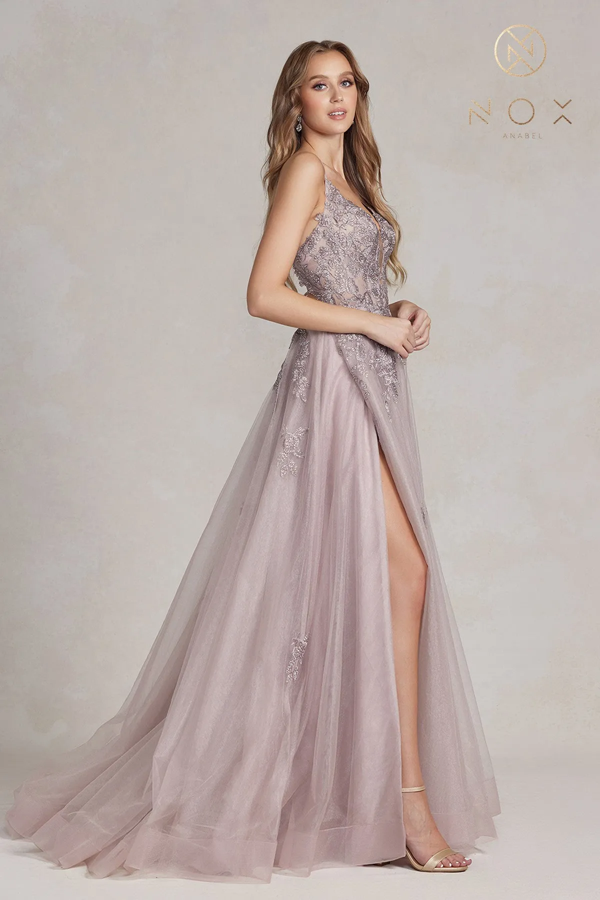 Nox Anabel G1149 A Line Sheer Lace Maxi Slit Prom Dress Backless Corset Formal Gown
