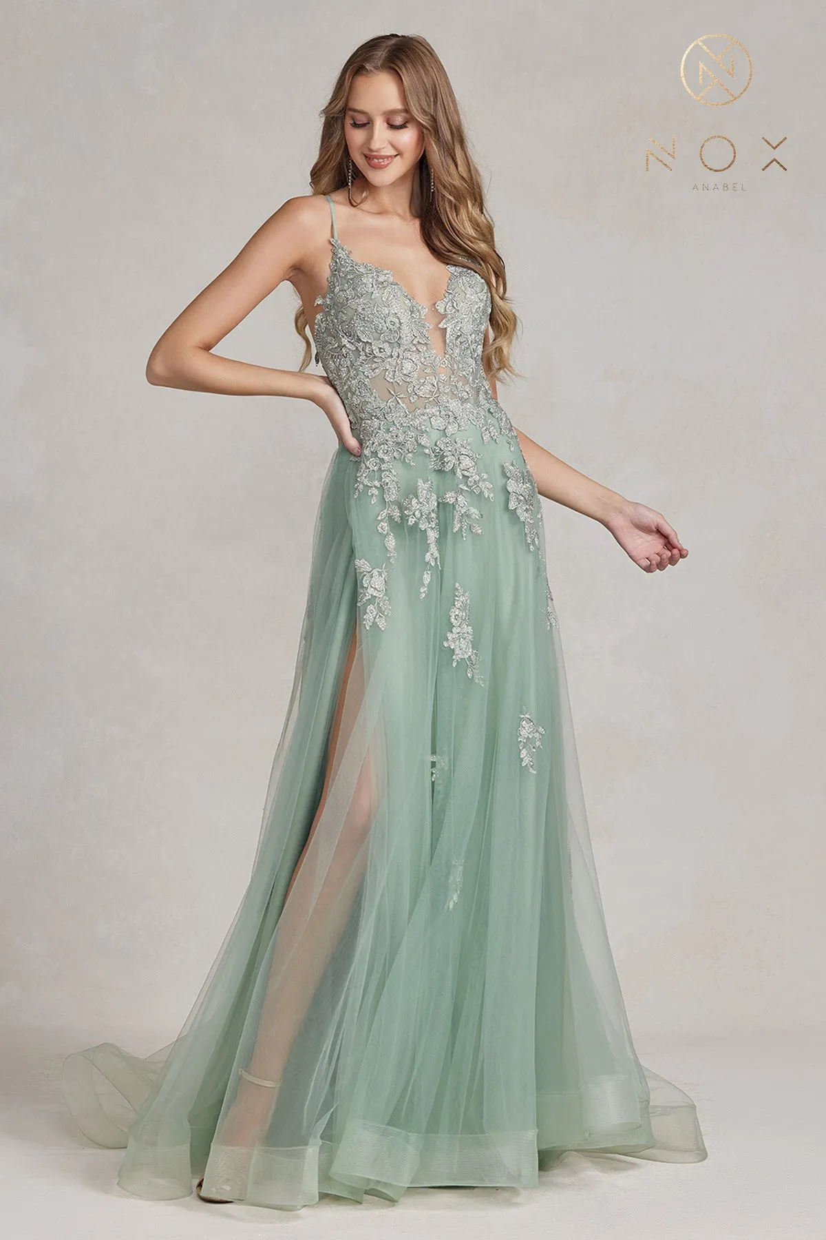 Nox Anabel G1149 A Line Sheer Lace Maxi Slit Prom Dress Backless Corset Formal Gown