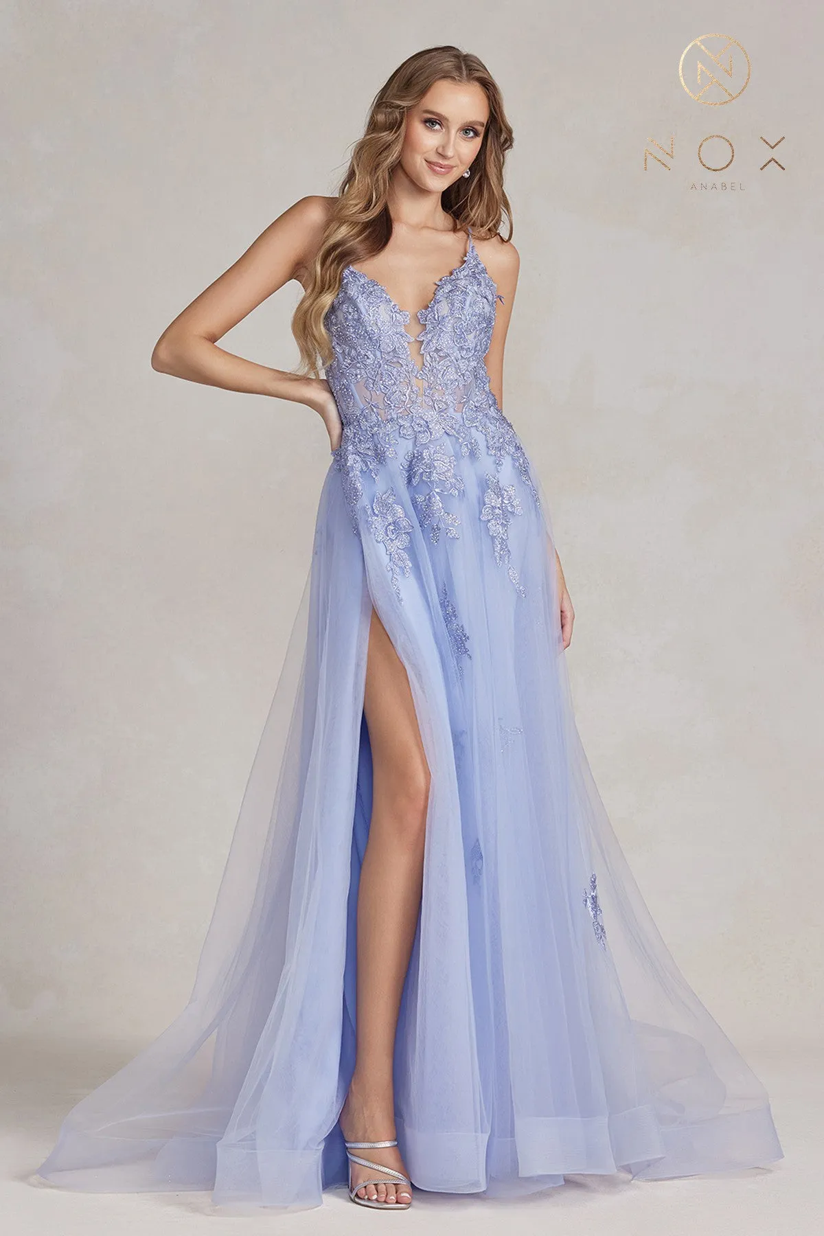 Nox Anabel G1149 A Line Sheer Lace Maxi Slit Prom Dress Backless Corset Formal Gown
