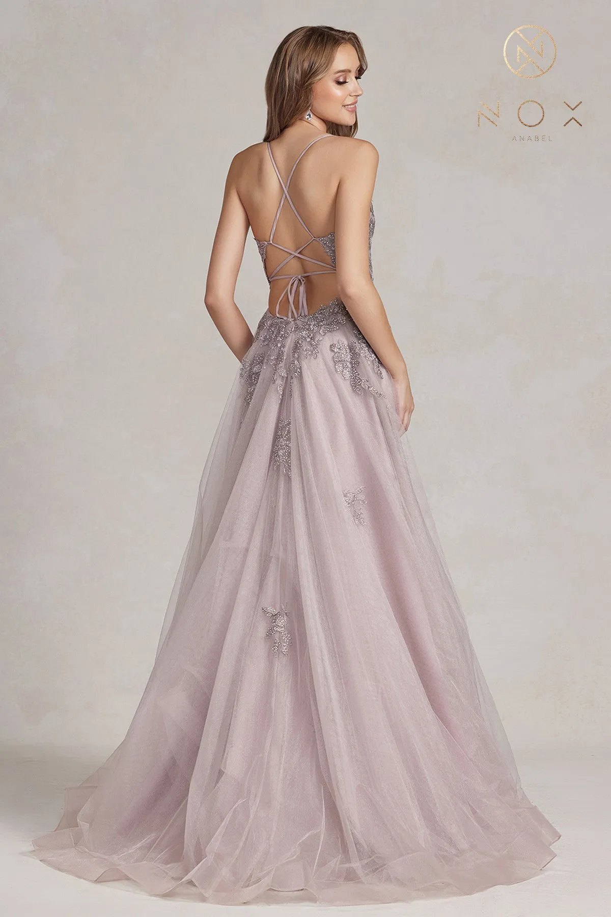 Nox Anabel G1149 A Line Sheer Lace Maxi Slit Prom Dress Backless Corset Formal Gown
