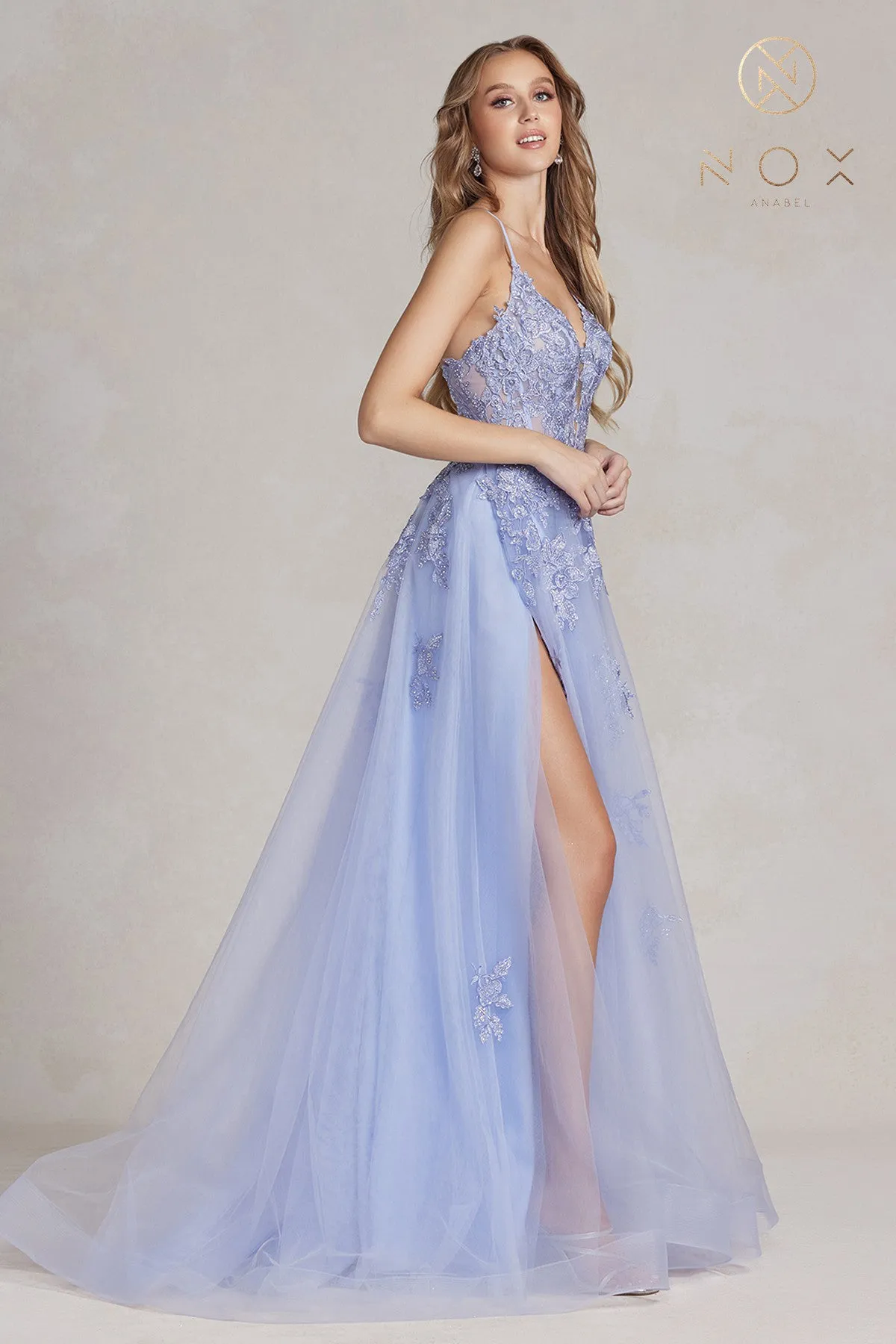 Nox Anabel G1149 A Line Sheer Lace Maxi Slit Prom Dress Backless Corset Formal Gown