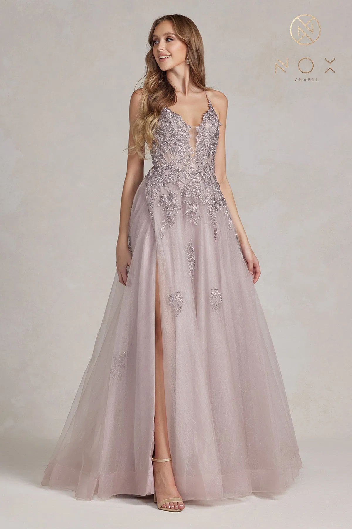 Nox Anabel G1149 A Line Sheer Lace Maxi Slit Prom Dress Backless Corset Formal Gown