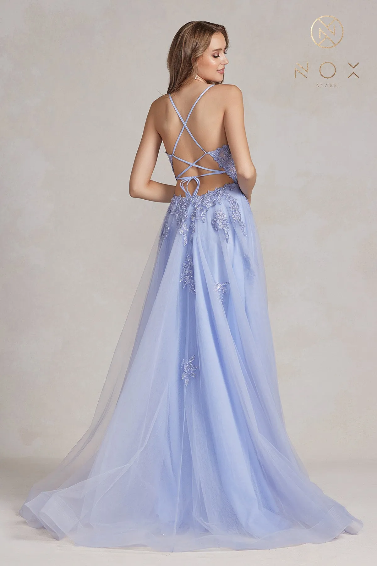 Nox Anabel G1149 A Line Sheer Lace Maxi Slit Prom Dress Backless Corset Formal Gown