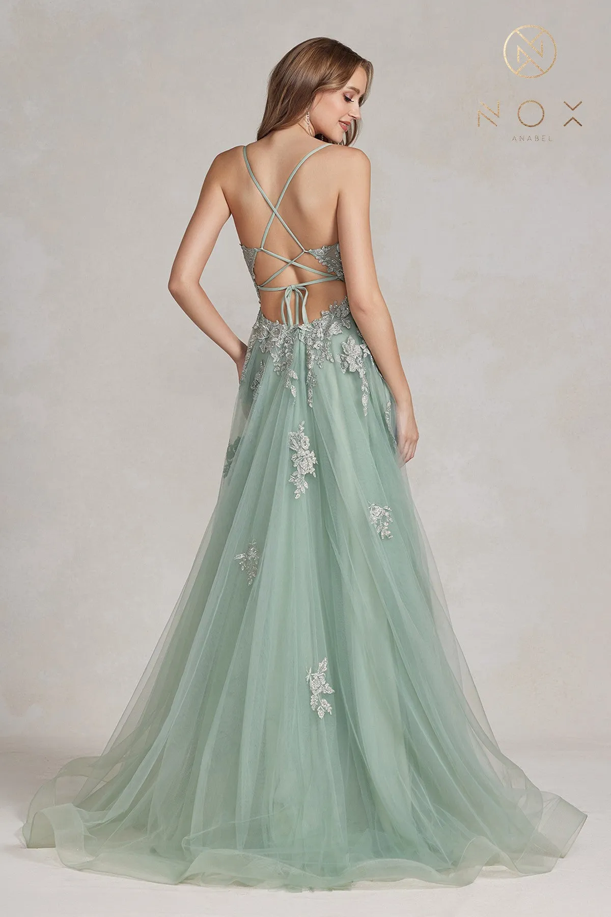 Nox Anabel G1149 A Line Sheer Lace Maxi Slit Prom Dress Backless Corset Formal Gown