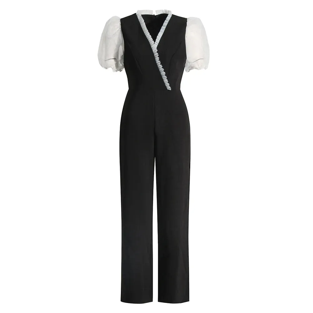 Patchwork Lace V Neck Puff Sleeve High Waist Straight Leg Jumpsuit